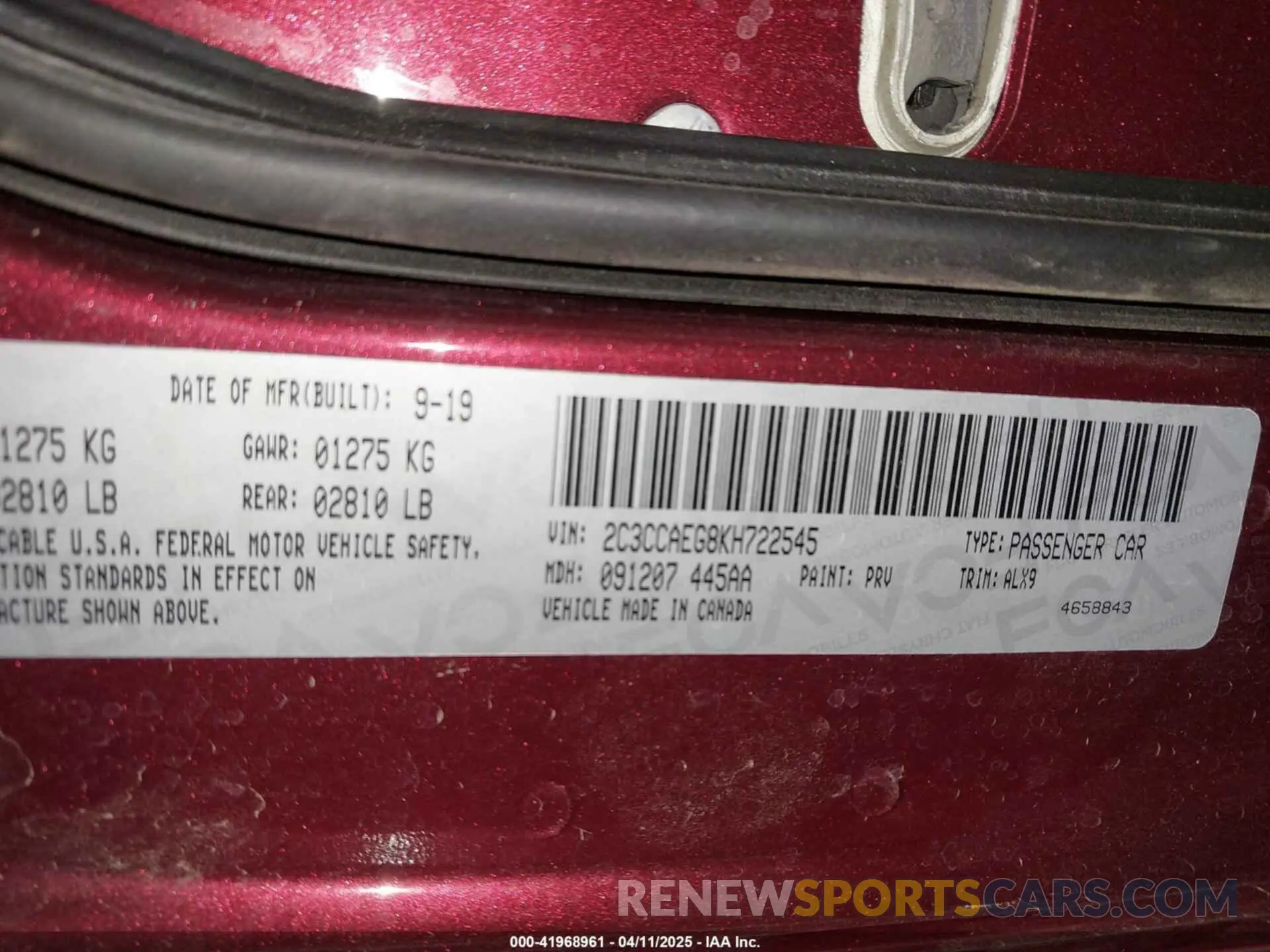 9 fotografías del automóvil dañado 2C3CCAEG8KH722545 CHRYSLER 300 2019