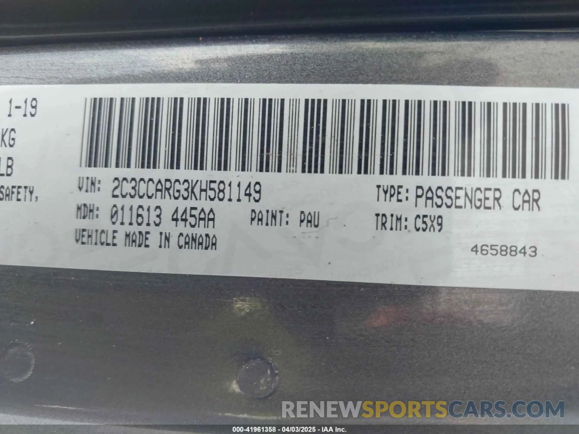 9 fotografías del automóvil dañado 2C3CCARG3KH581149 CHRYSLER 300 2019