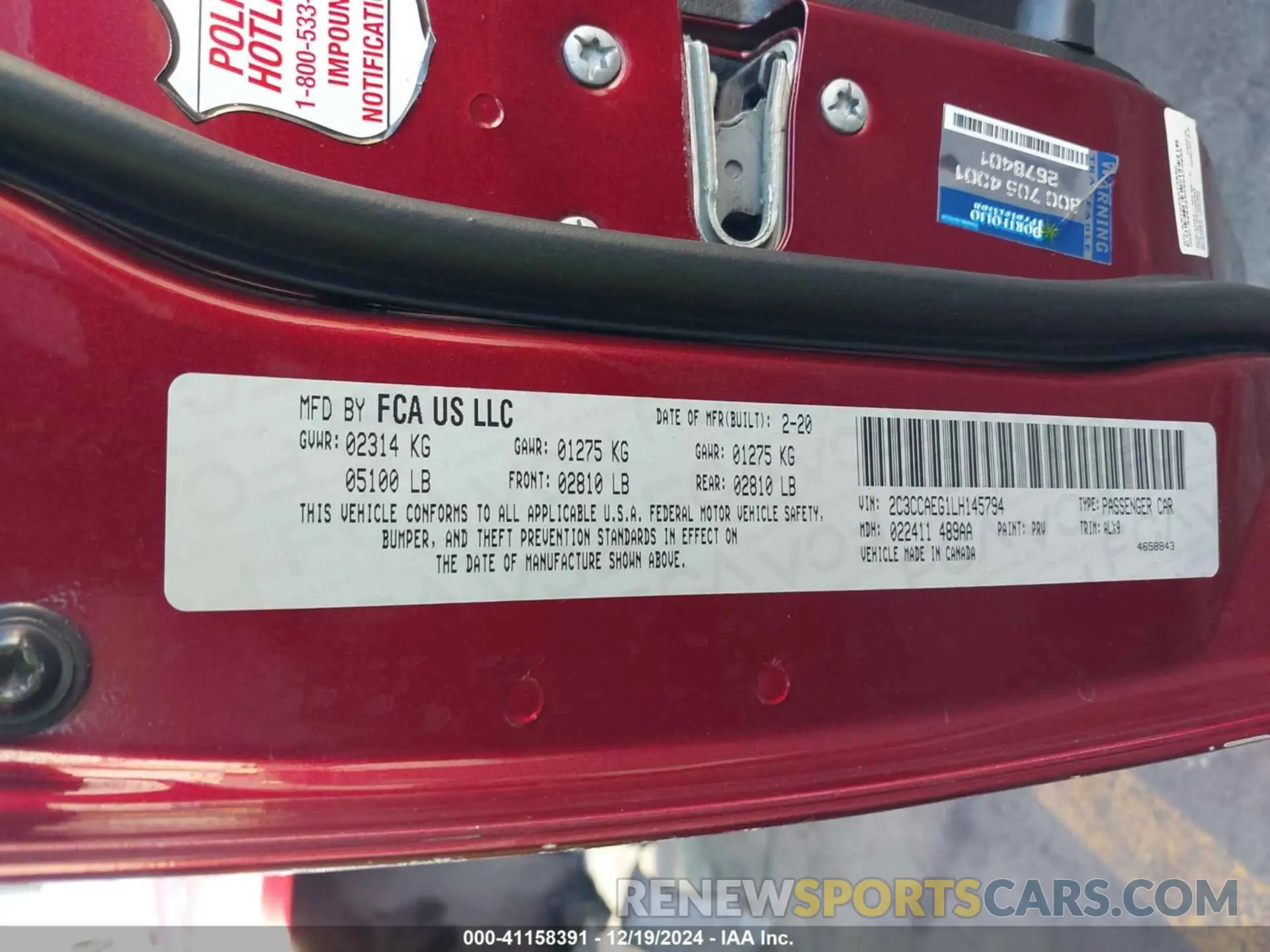 9 fotografías del automóvil dañado 2C3CCAEG1LH145794 CHRYSLER 300 2020