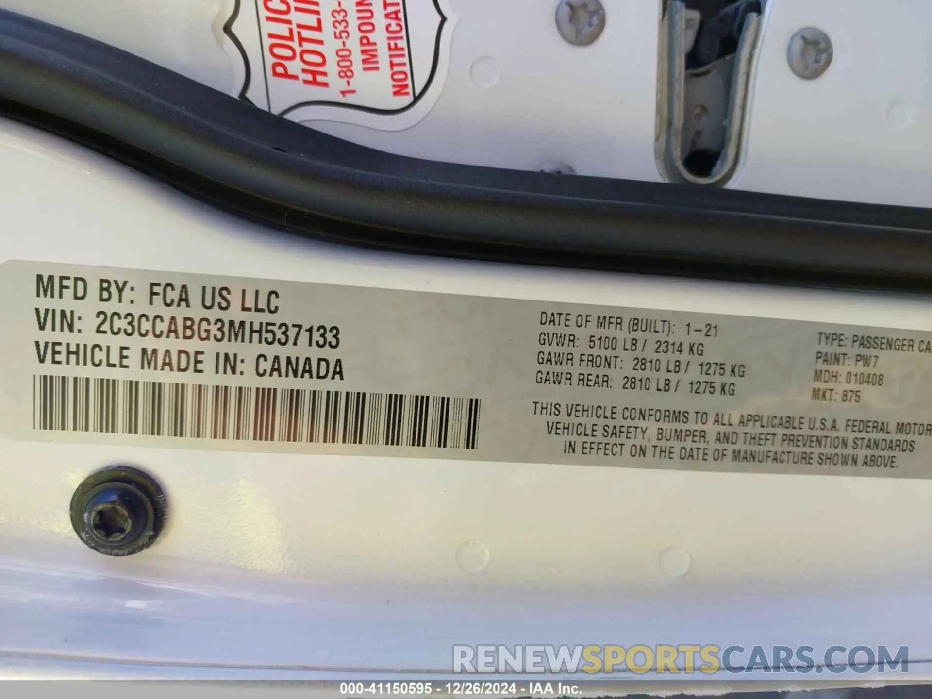 9 fotografías del automóvil dañado 2C3CCABG3MH537133 CHRYSLER 300 2021