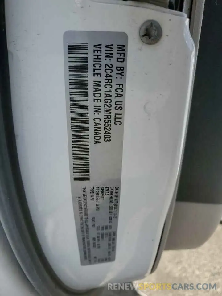 13 fotografías del automóvil dañado 2C4RC1AG2MR552403 CHRYSLER MINIVAN 2021
