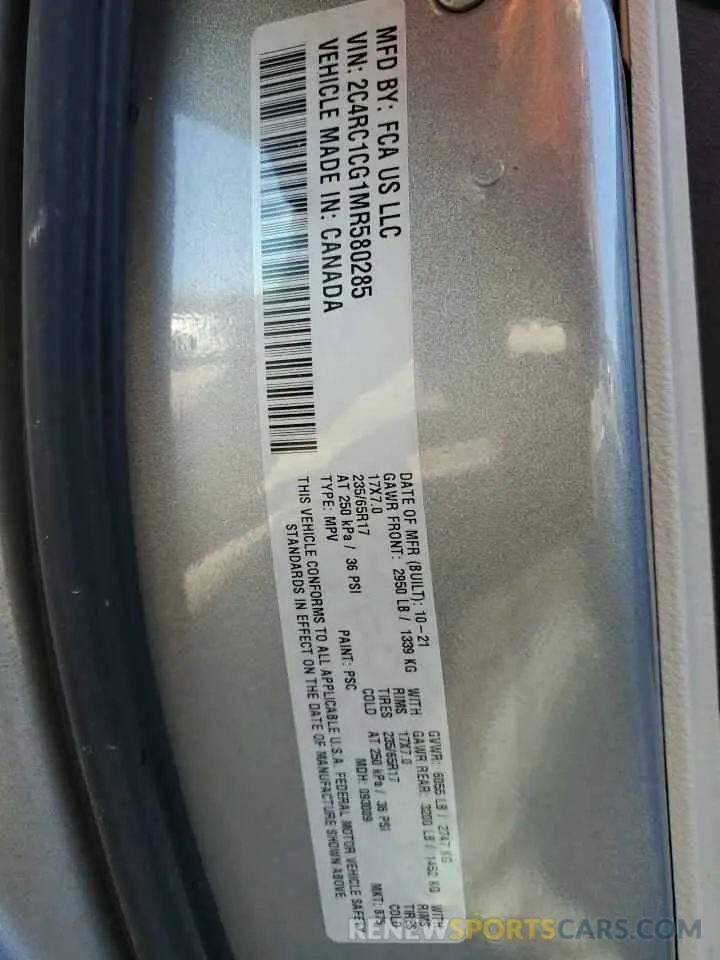 14 fotografías del automóvil dañado 2C4RC1CG1MR580285 CHRYSLER MINIVAN 2021