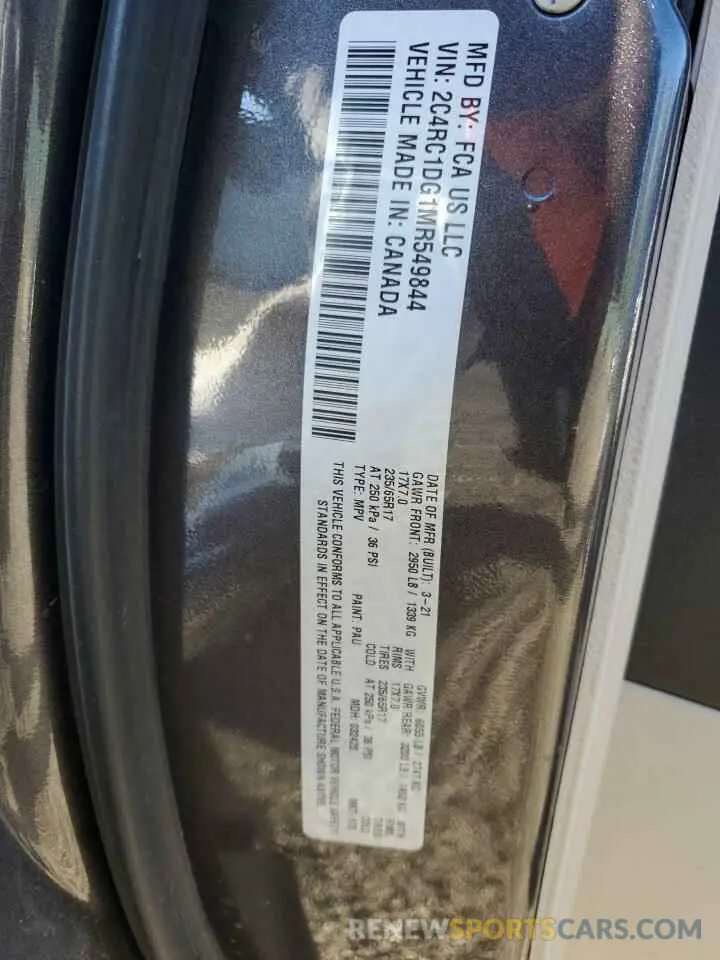13 fotografías del automóvil dañado 2C4RC1DG1MR549844 CHRYSLER MINIVAN 2021
