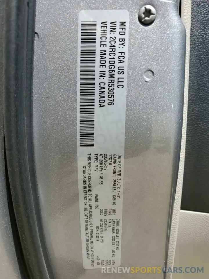 13 fotografías del automóvil dañado 2C4RC1DG6MR530576 CHRYSLER MINIVAN 2021