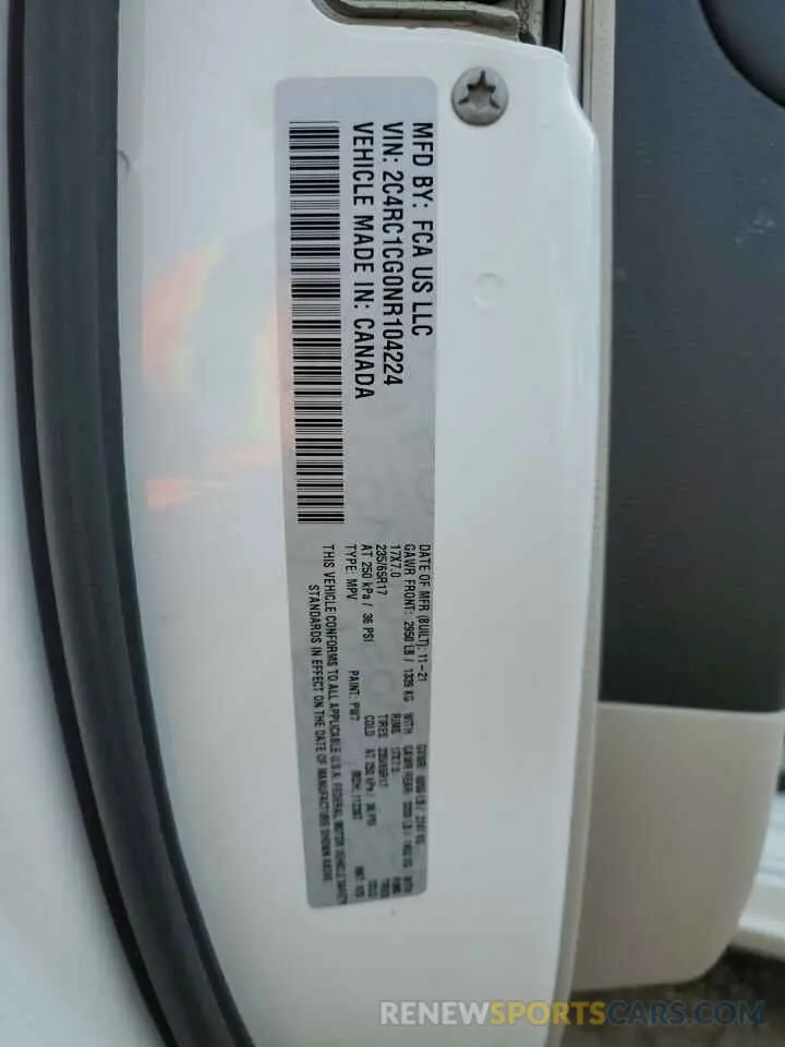 13 fotografías del automóvil dañado 2C4RC1CG0NR104224 CHRYSLER MINIVAN 2022