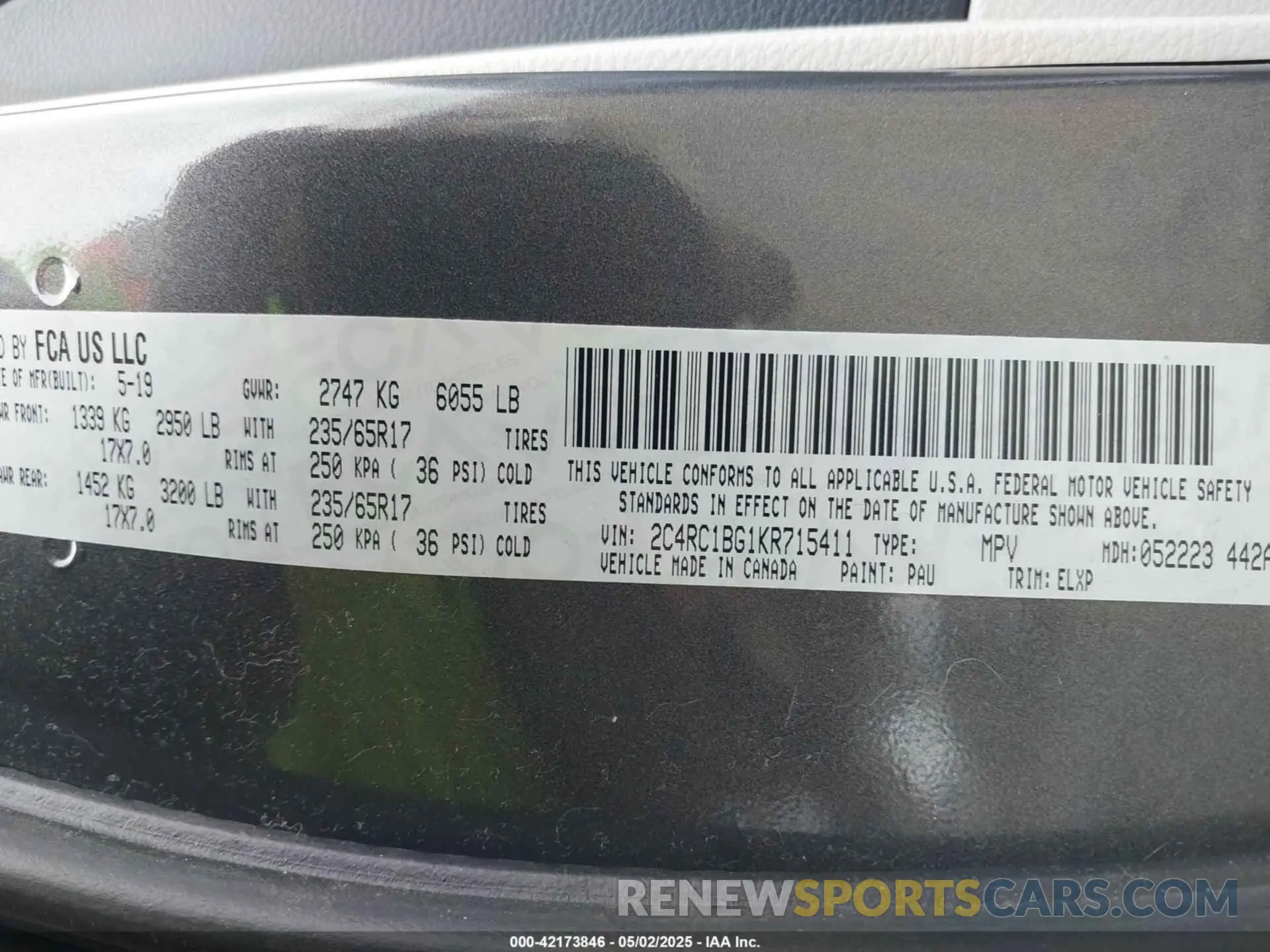 9 fotografías del automóvil dañado 2C4RC1BG1KR715411 CHRYSLER PACIFICA 2019