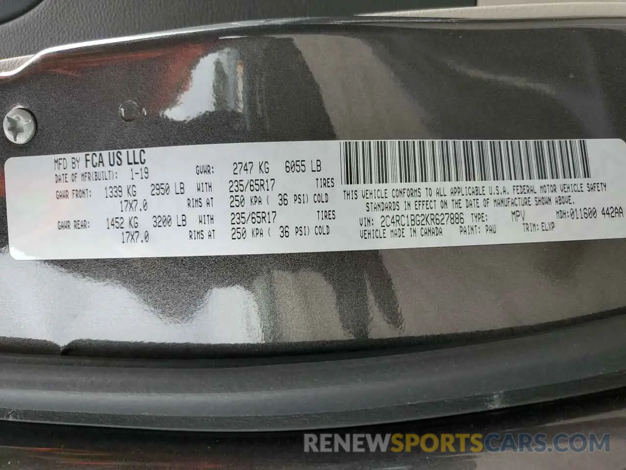 12 fotografías del automóvil dañado 2C4RC1BG2KR627886 CHRYSLER PACIFICA 2019