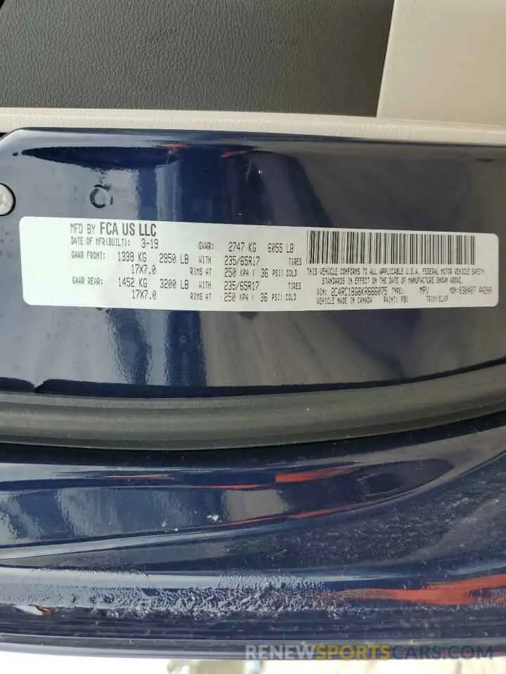 14 fotografías del automóvil dañado 2C4RC1BG6KR666075 CHRYSLER PACIFICA 2019