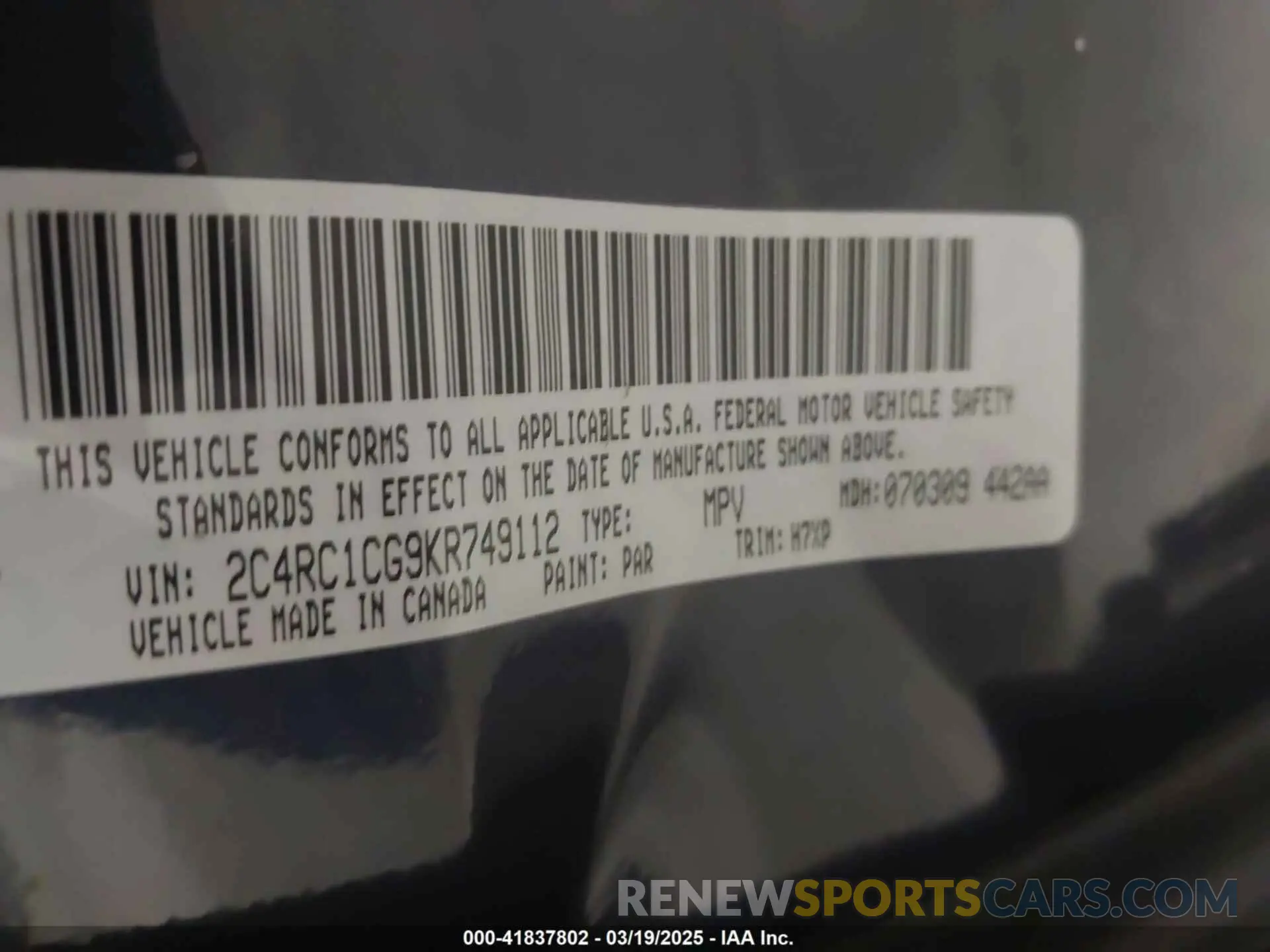 9 fotografías del automóvil dañado 2C4RC1CG9KR749112 CHRYSLER PACIFICA 2019