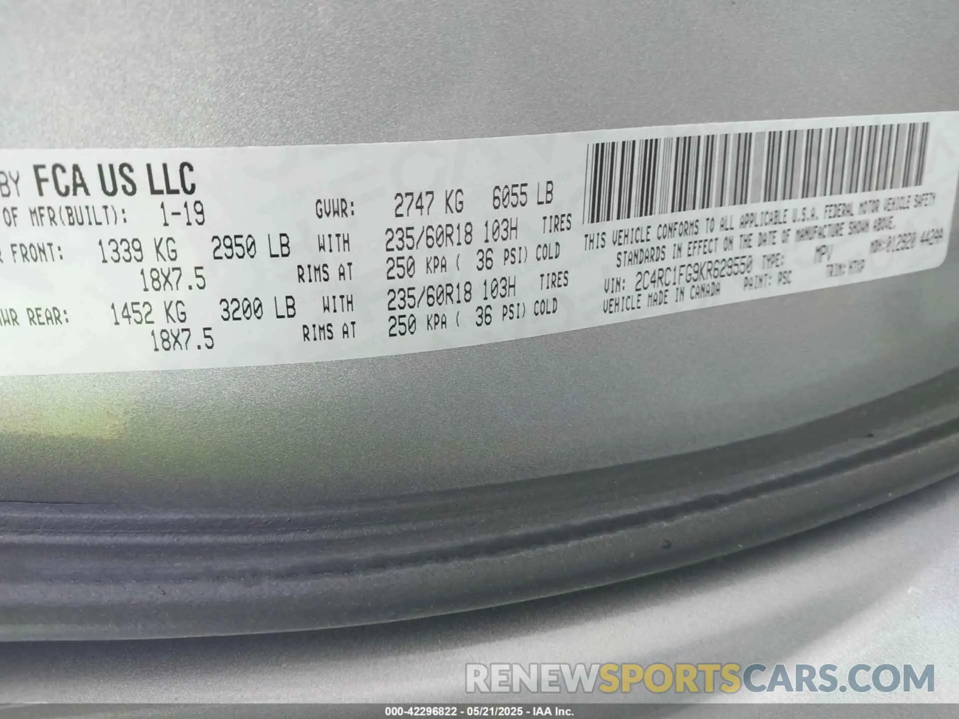 9 fotografías del automóvil dañado 2C4RC1FG9KR629550 CHRYSLER PACIFICA 2019