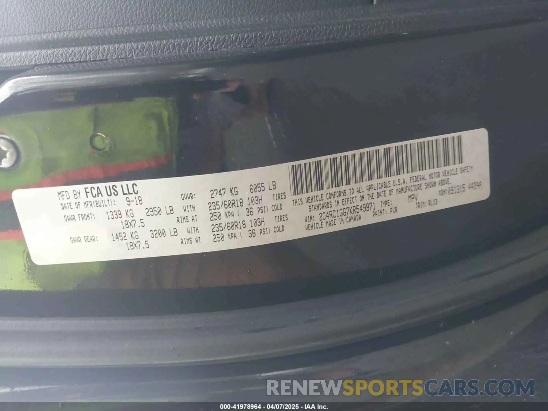 9 fotografías del automóvil dañado 2C4RC1GG7KR549971 CHRYSLER PACIFICA 2019