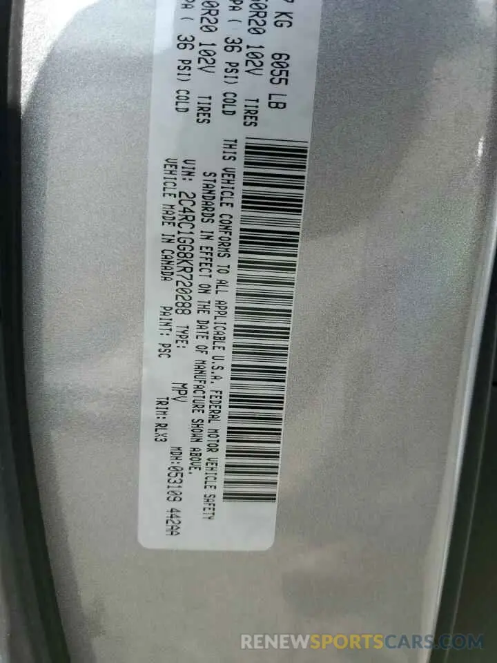 15 fotografías del automóvil dañado 2C4RC1GG8KR720288 CHRYSLER PACIFICA 2019