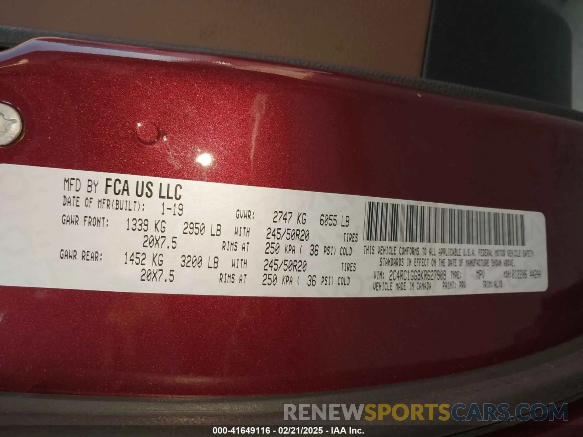 9 fotografías del automóvil dañado 2C4RC1GG9KR627909 CHRYSLER PACIFICA 2019