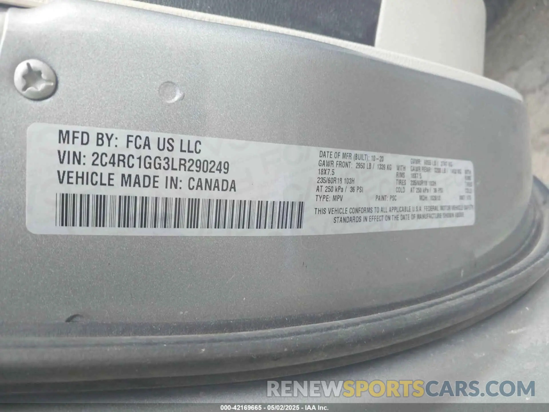 9 fotografías del automóvil dañado 2C4RC1GG3LR290249 CHRYSLER PACIFICA 2020
