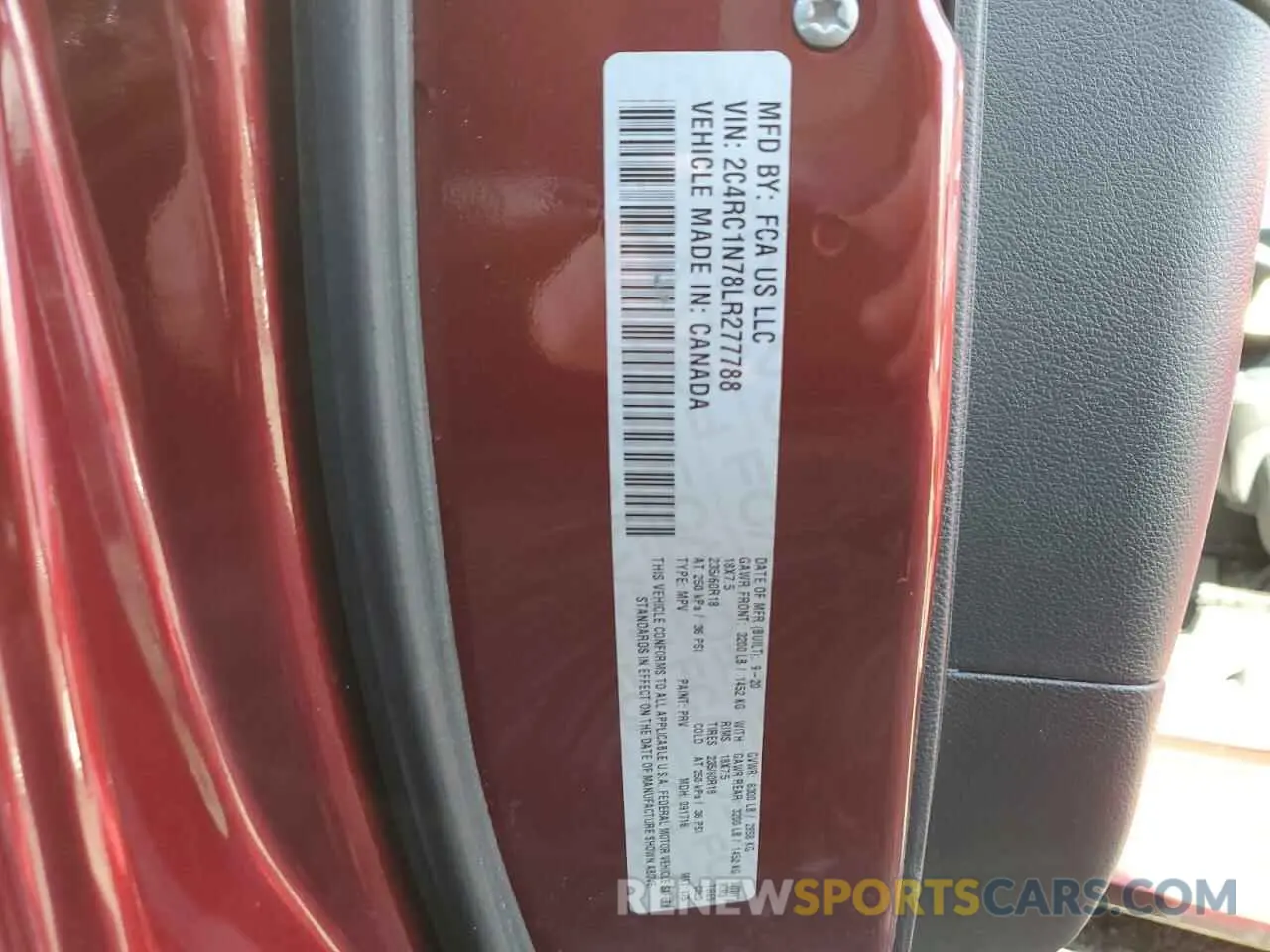 13 fotografías del automóvil dañado 2C4RC1N78LR277788 CHRYSLER PACIFICA 2020