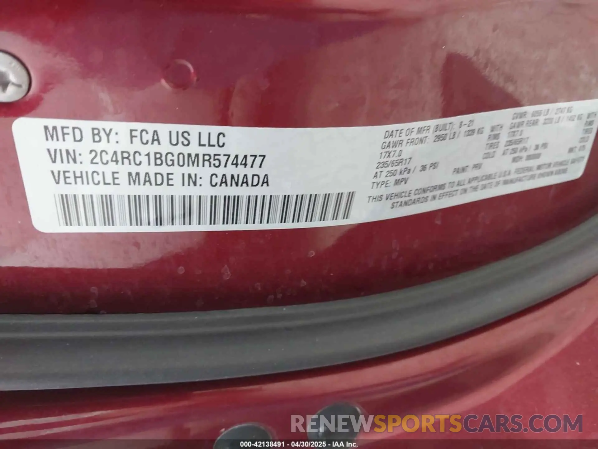 9 fotografías del automóvil dañado 2C4RC1BG0MR574477 CHRYSLER PACIFICA 2021