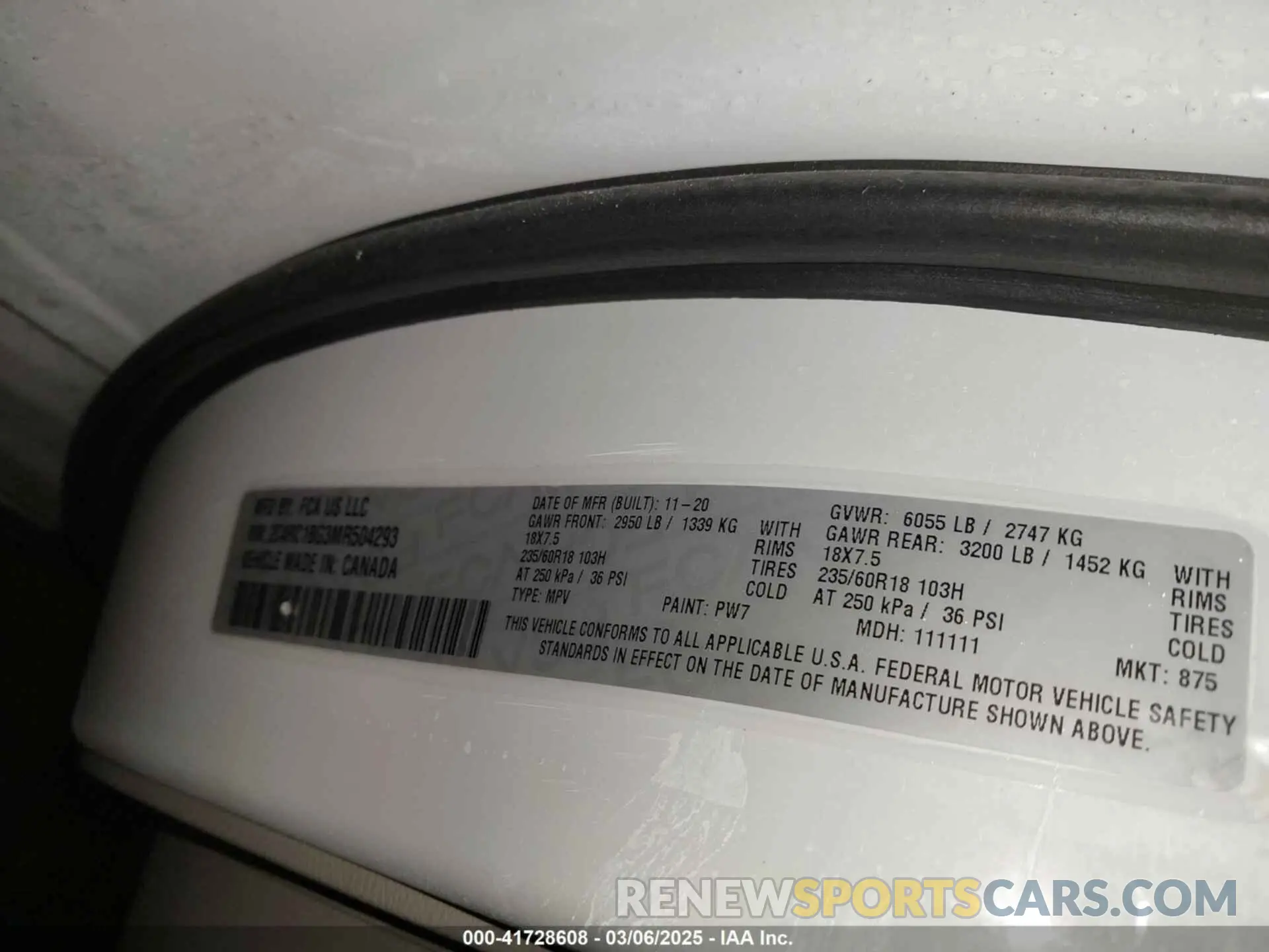 9 fotografías del automóvil dañado 2C4RC1BG3MR504293 CHRYSLER PACIFICA 2021