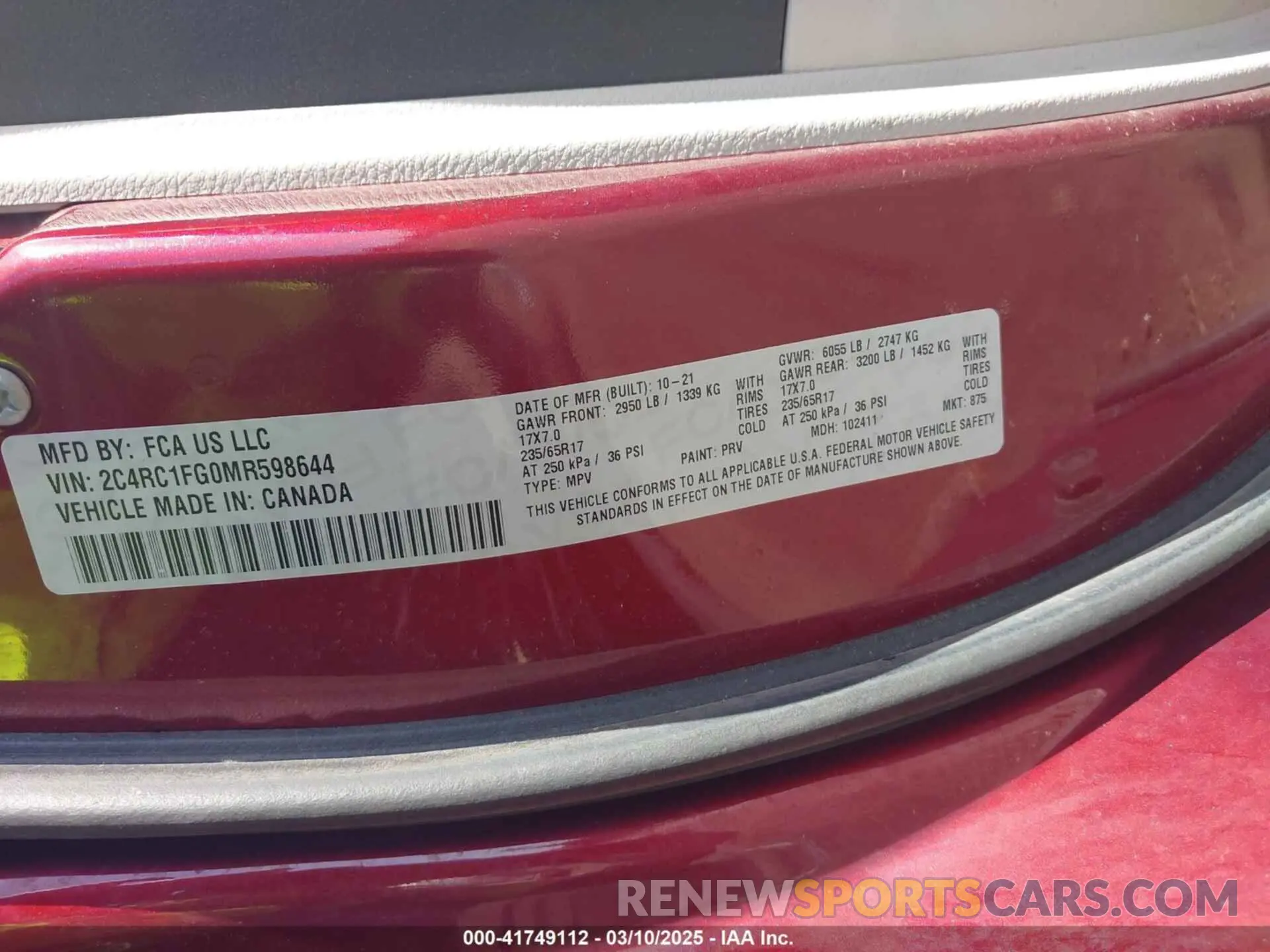 9 fotografías del automóvil dañado 2C4RC1FG0MR598644 CHRYSLER PACIFICA 2021