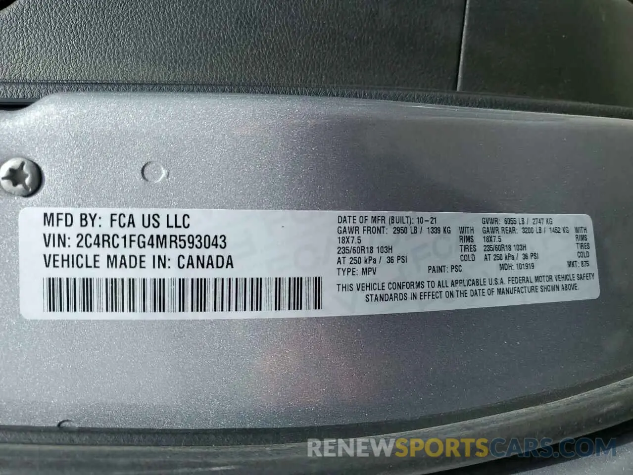 15 fotografías del automóvil dañado 2C4RC1FG4MR593043 CHRYSLER PACIFICA 2021