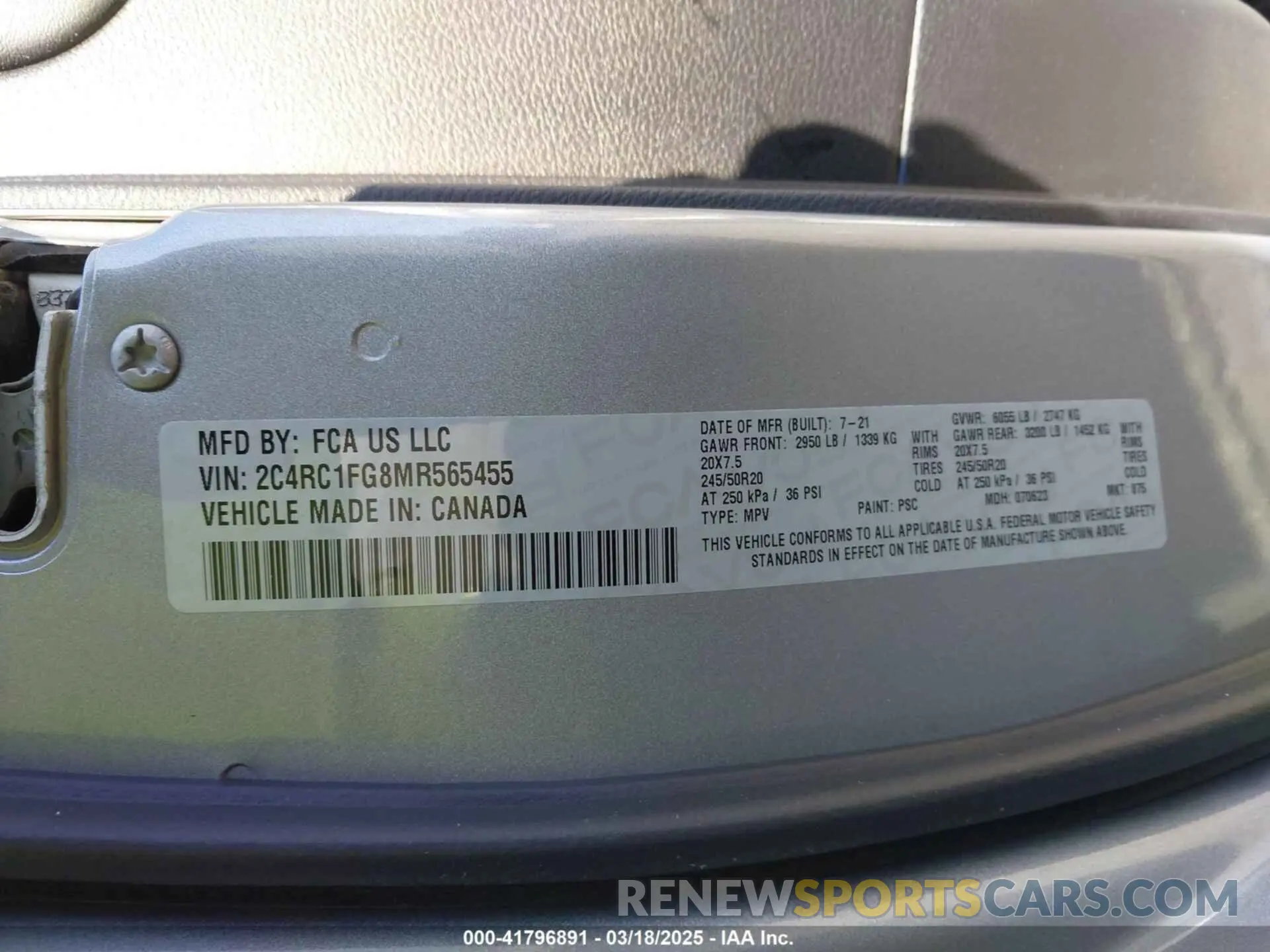 9 fotografías del automóvil dañado 2C4RC1FG8MR565455 CHRYSLER PACIFICA 2021