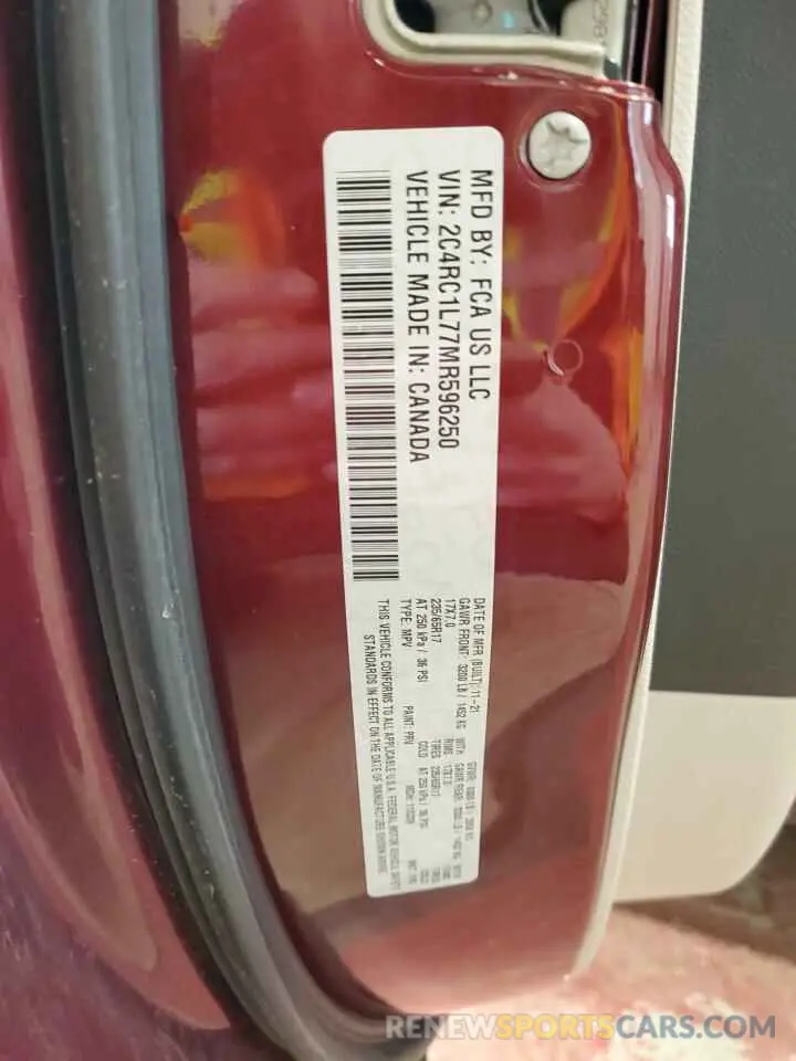 13 fotografías del automóvil dañado 2C4RC1L77MR596250 CHRYSLER PACIFICA 2021