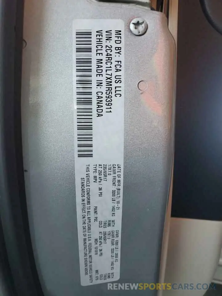 13 fotografías del automóvil dañado 2C4RC1L7XMR593911 CHRYSLER PACIFICA 2021