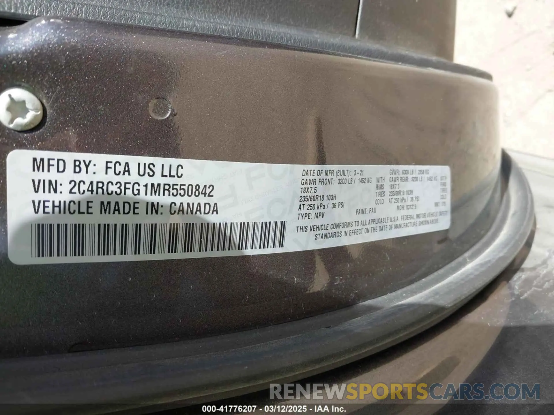 9 fotografías del automóvil dañado 2C4RC3FG1MR550842 CHRYSLER PACIFICA 2021