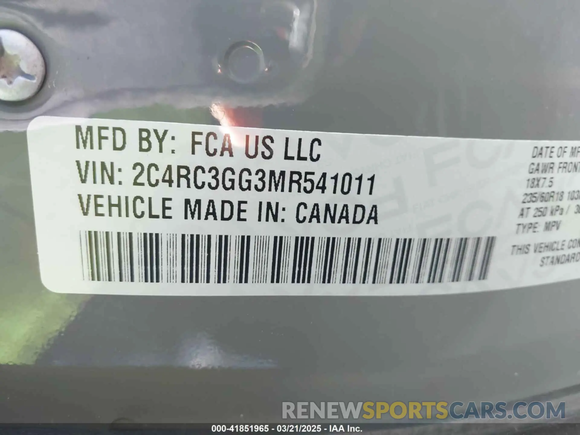 9 fotografías del automóvil dañado 2C4RC3GG3MR541011 CHRYSLER PACIFICA 2021