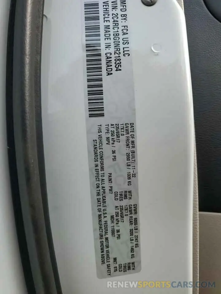 13 fotografías del automóvil dañado 2C4RC1BG0NR218354 CHRYSLER PACIFICA 2022
