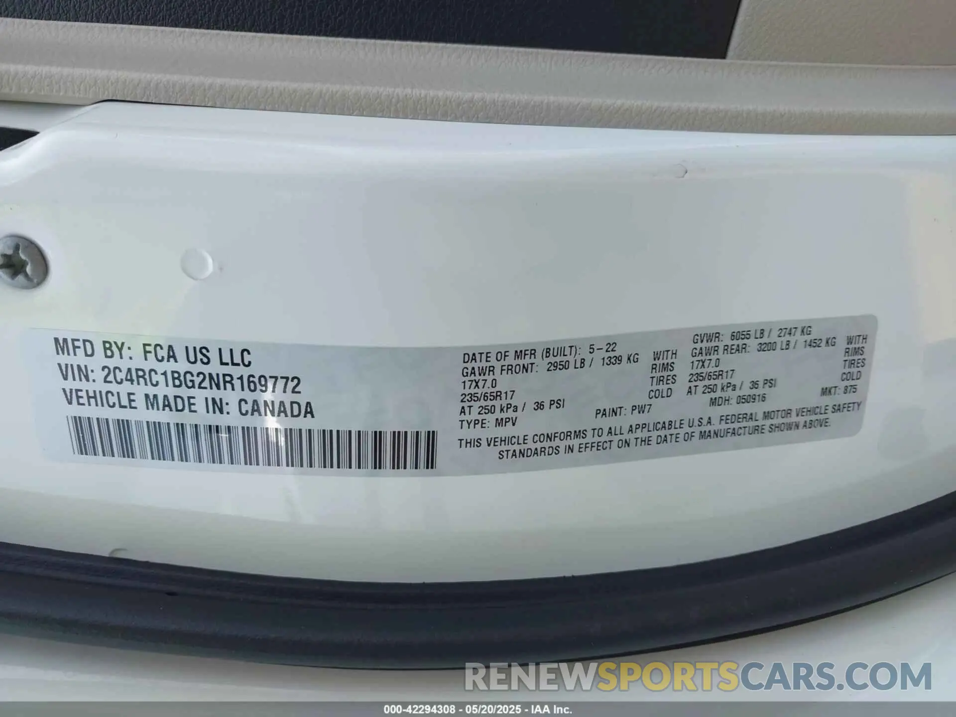 9 fotografías del automóvil dañado 2C4RC1BG2NR169772 CHRYSLER PACIFICA 2022