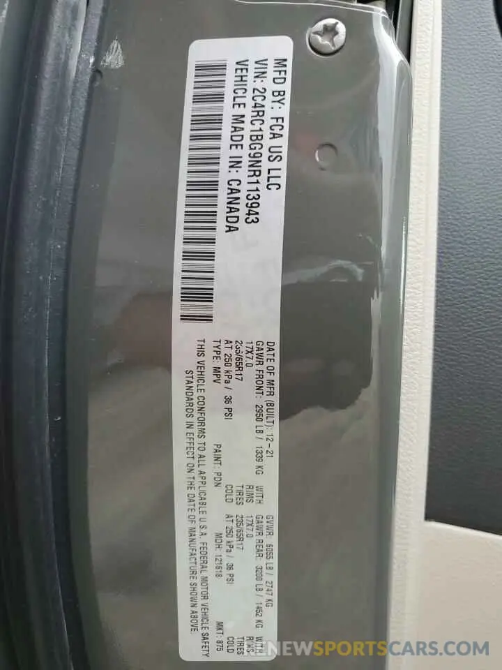 13 fotografías del automóvil dañado 2C4RC1BG9NR113943 CHRYSLER PACIFICA 2022