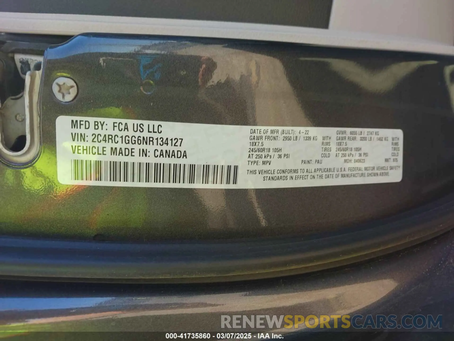 9 fotografías del automóvil dañado 2C4RC1GG6NR134127 CHRYSLER PACIFICA 2022