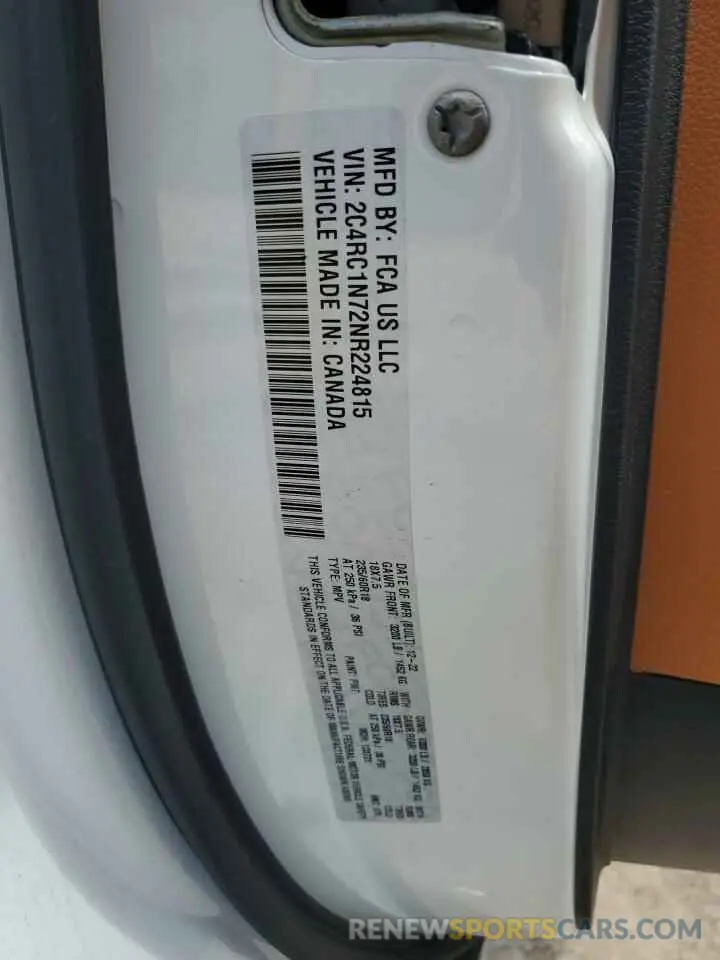 13 fotografías del automóvil dañado 2C4RC1N72NR224815 CHRYSLER PACIFICA 2022