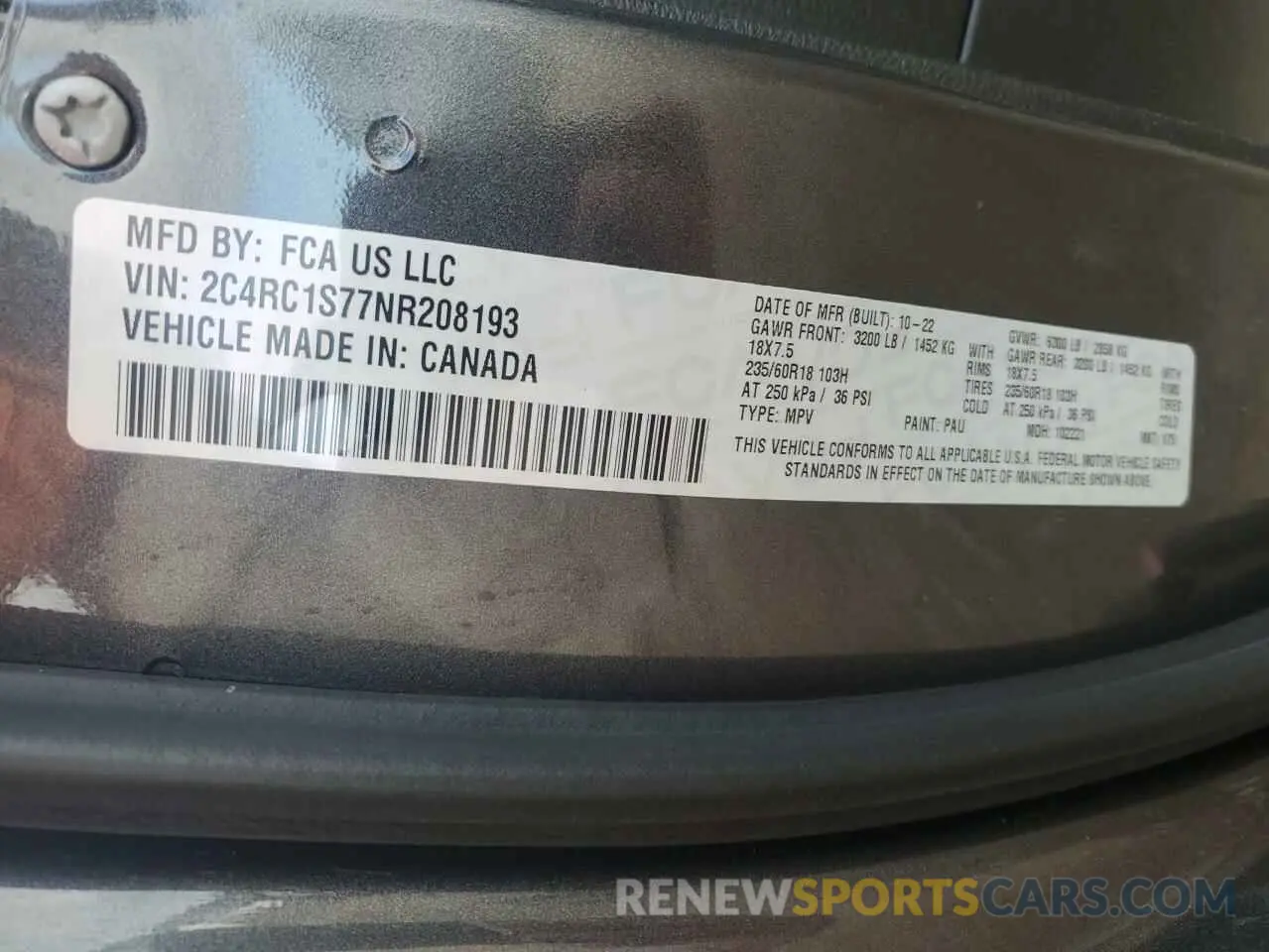 14 fotografías del automóvil dañado 2C4RC1S77NR208193 CHRYSLER PACIFICA 2022