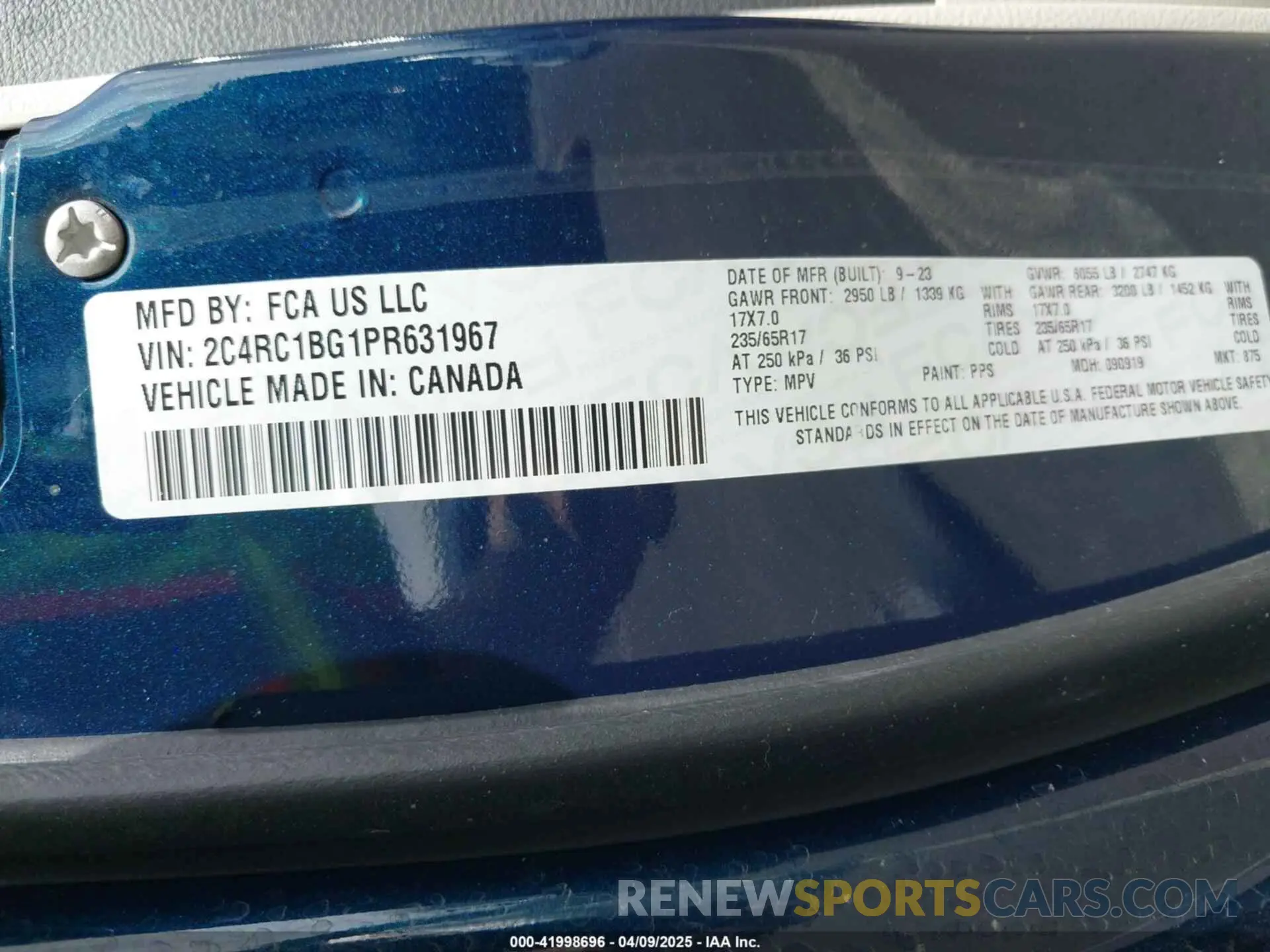 9 fotografías del automóvil dañado 2C4RC1BG1PR631967 CHRYSLER PACIFICA 2023