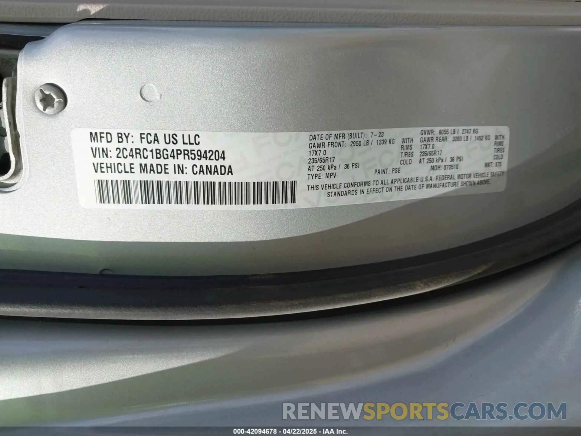 9 fotografías del automóvil dañado 2C4RC1BG4PR594204 CHRYSLER PACIFICA 2023