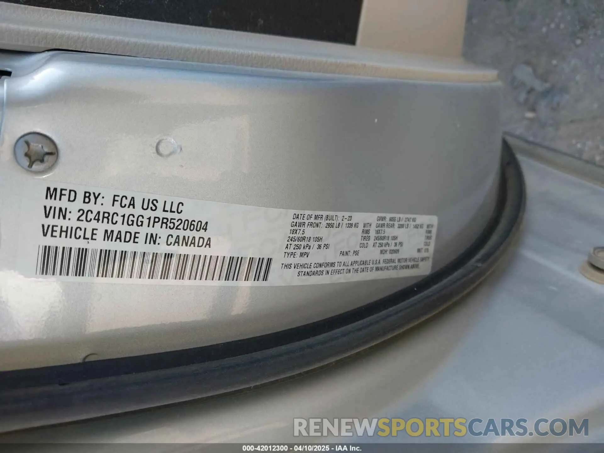 9 fotografías del automóvil dañado 2C4RC1GG1PR520604 CHRYSLER PACIFICA 2023