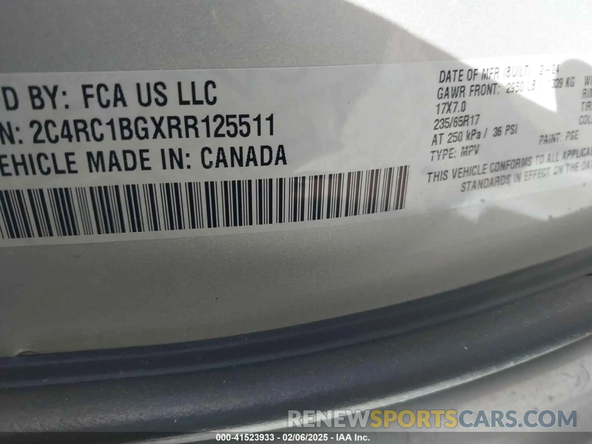 9 fotografías del automóvil dañado 2C4RC1BGXRR125511 CHRYSLER PACIFICA 2024