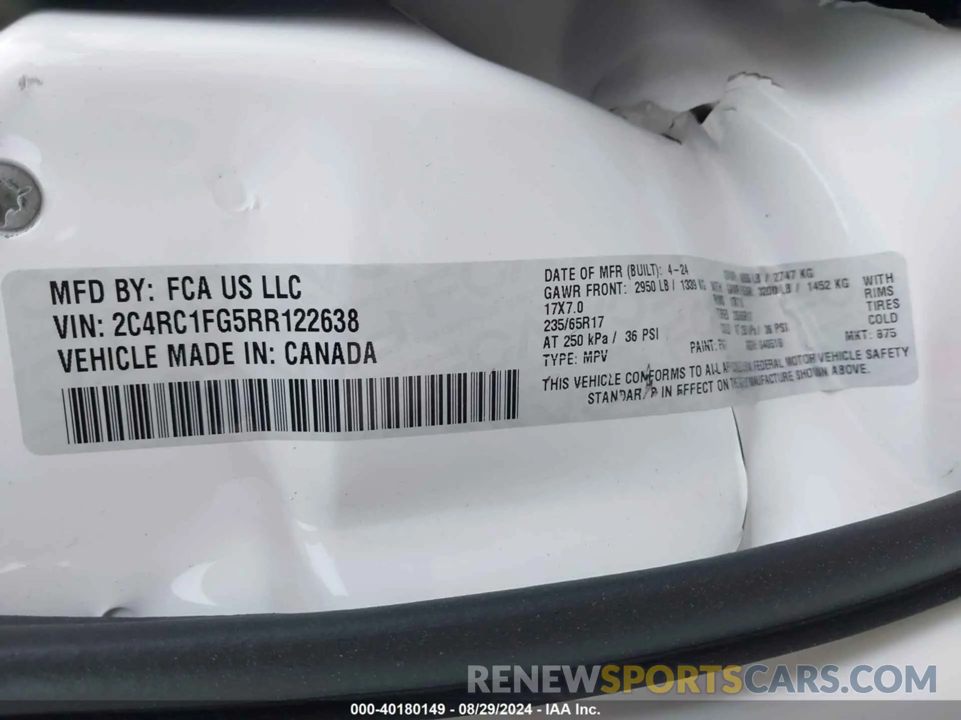 9 fotografías del automóvil dañado 2C4RC1FG5RR122638 CHRYSLER PACIFICA 2024