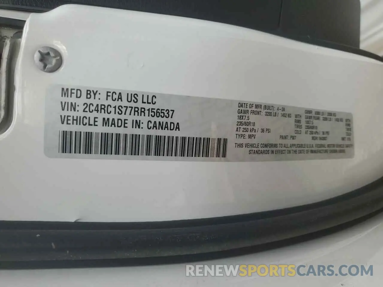 14 fotografías del automóvil dañado 2C4RC1S77RR156537 CHRYSLER PACIFICA 2024