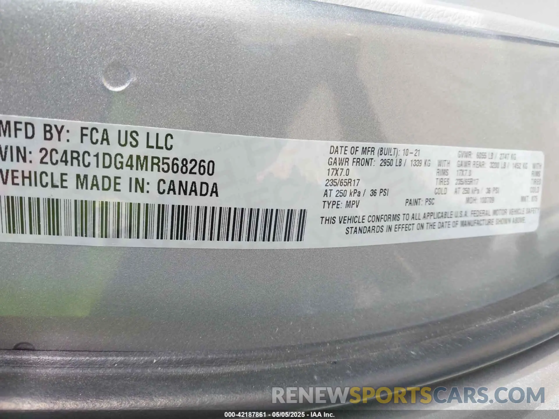 9 fotografías del automóvil dañado 2C4RC1DG4MR568260 CHRYSLER VOYAGER 2021