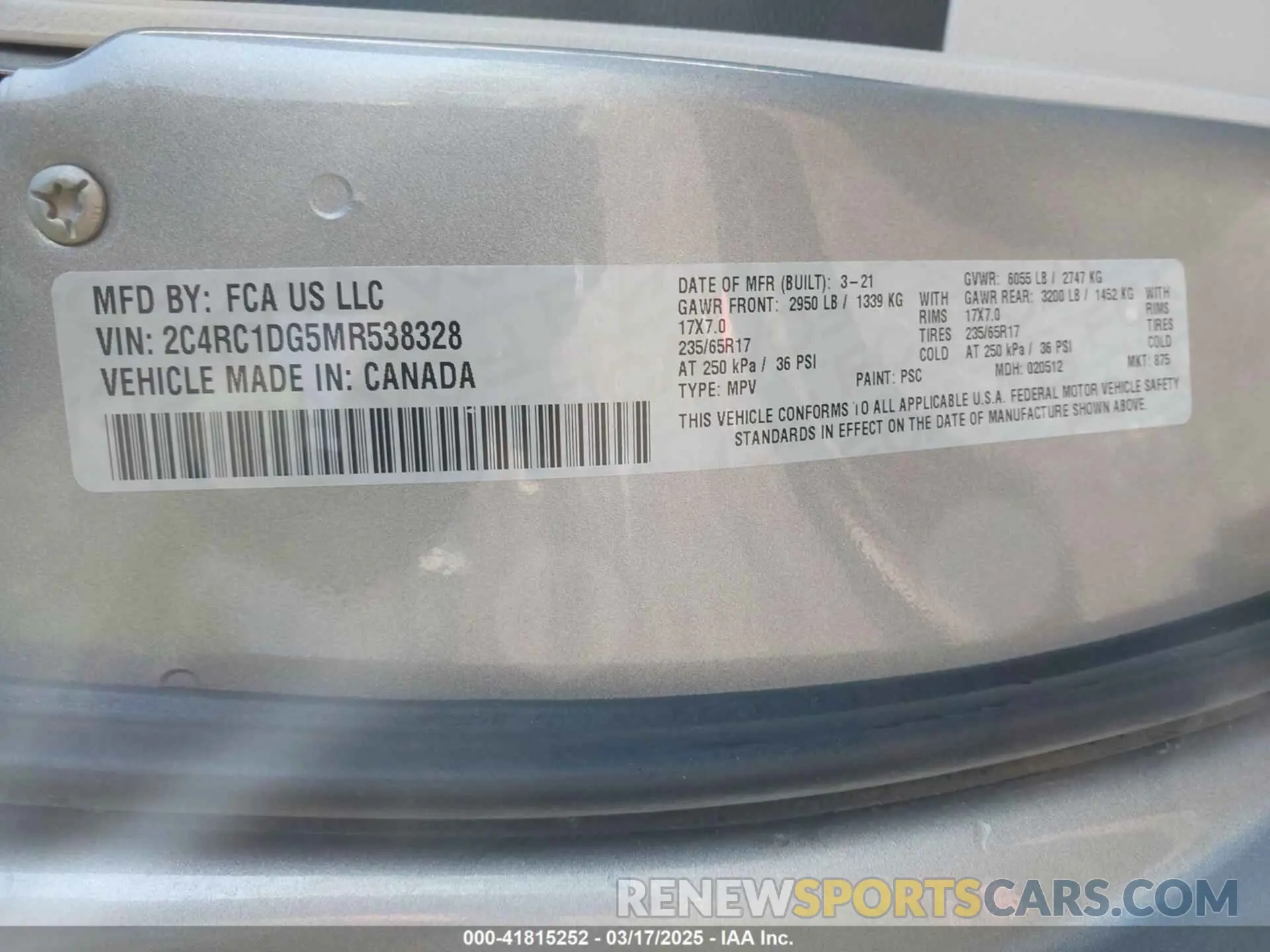 9 fotografías del automóvil dañado 2C4RC1DG5MR538328 CHRYSLER VOYAGER 2021