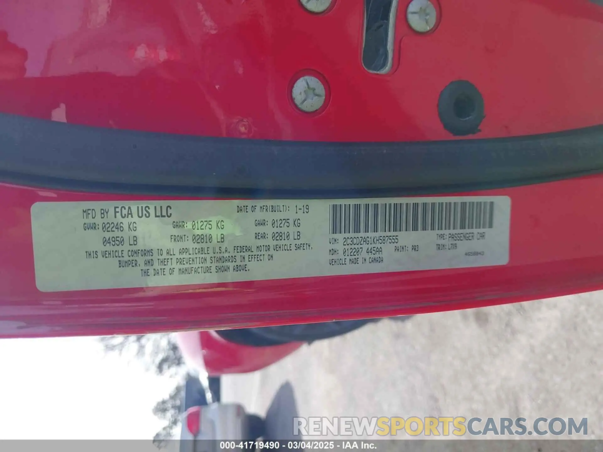 9 fotografías del automóvil dañado 2C3CDZAG1KH587555 DODGE CHALLENGER 2019