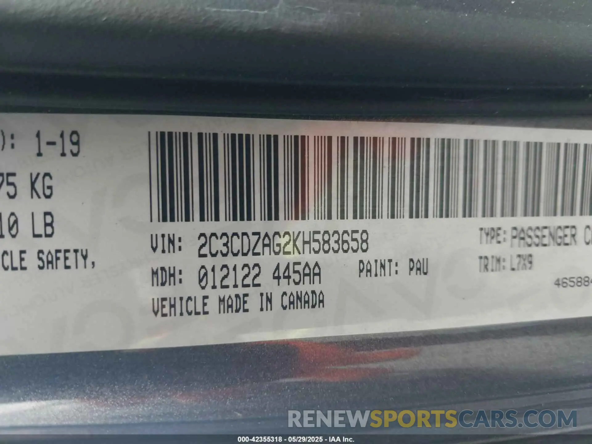 9 fotografías del automóvil dañado 2C3CDZAG2KH583658 DODGE CHALLENGER 2019