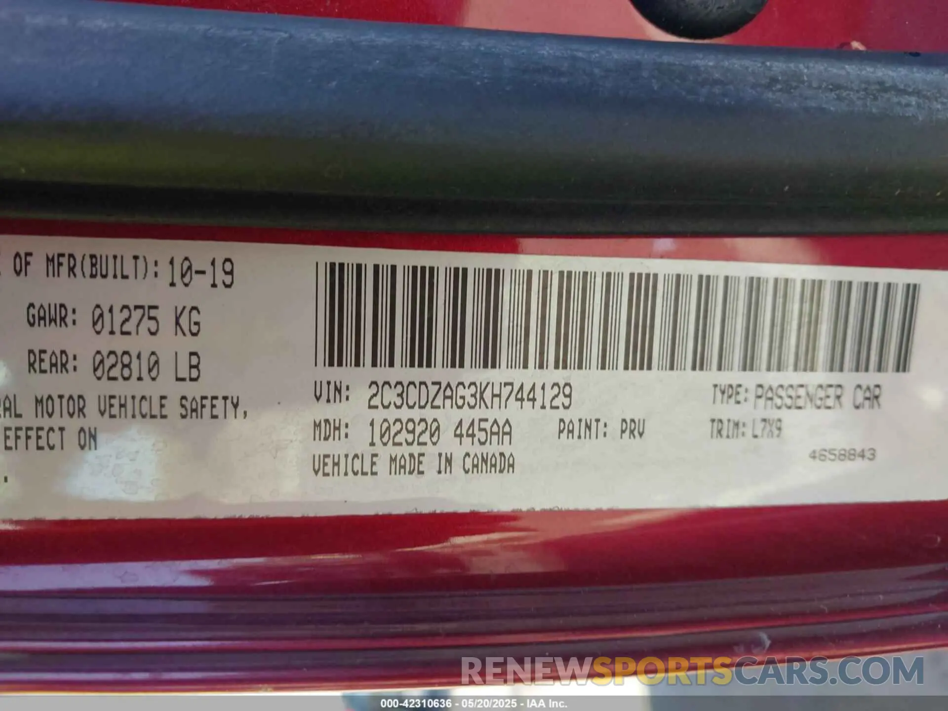 9 fotografías del automóvil dañado 2C3CDZAG3KH744129 DODGE CHALLENGER 2019