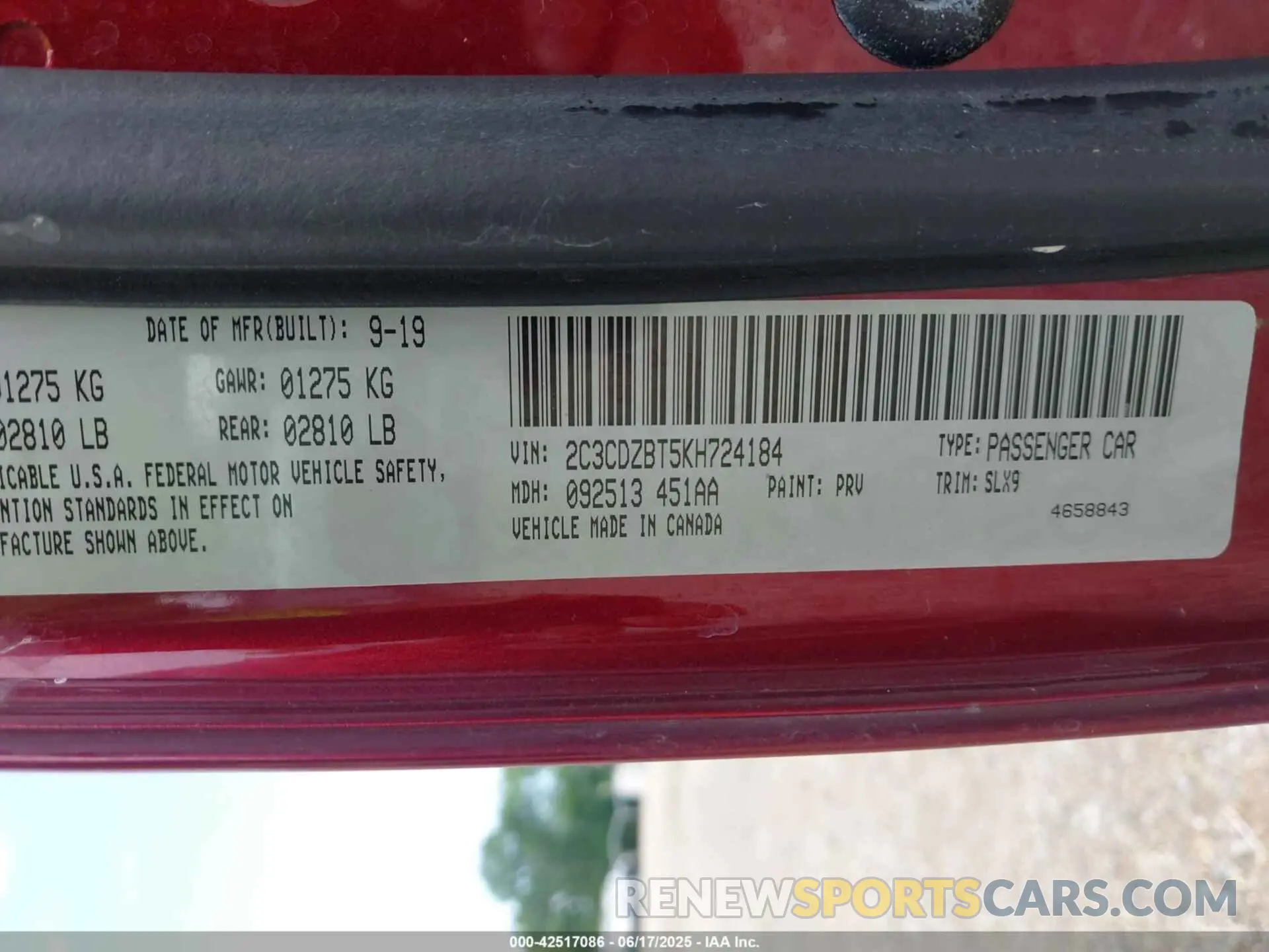 9 fotografías del automóvil dañado 2C3CDZBT5KH724184 DODGE CHALLENGER 2019