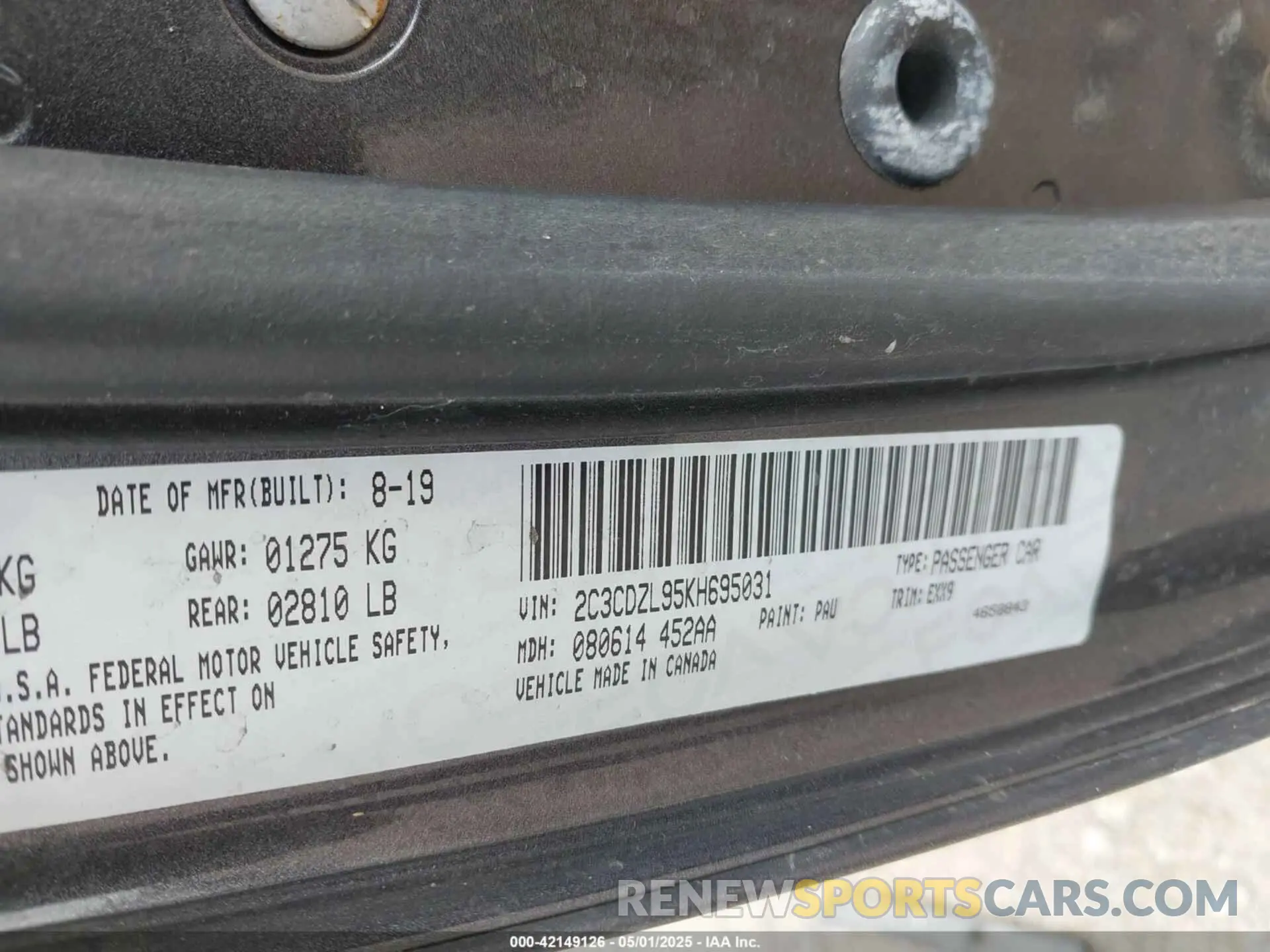 9 fotografías del automóvil dañado 2C3CDZL95KH695031 DODGE CHALLENGER 2019