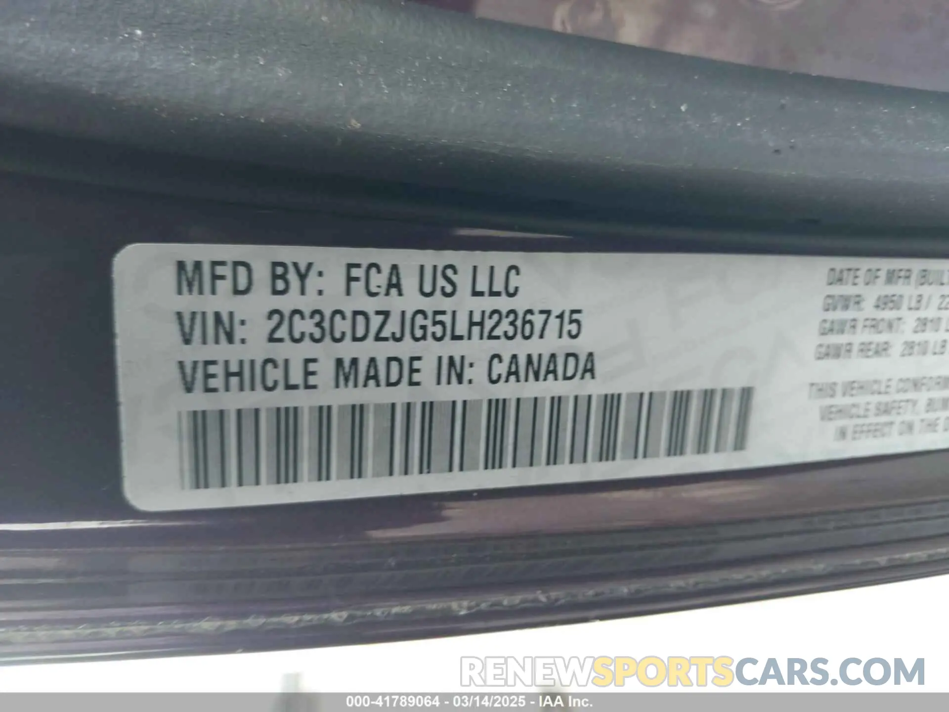 9 fotografías del automóvil dañado 2C3CDZJG5LH236715 DODGE CHALLENGER 2020