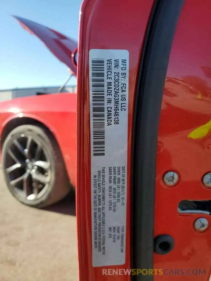 15 fotografías del automóvil dañado 2C3CDZAG3MH646138 DODGE CHALLENGER 2021