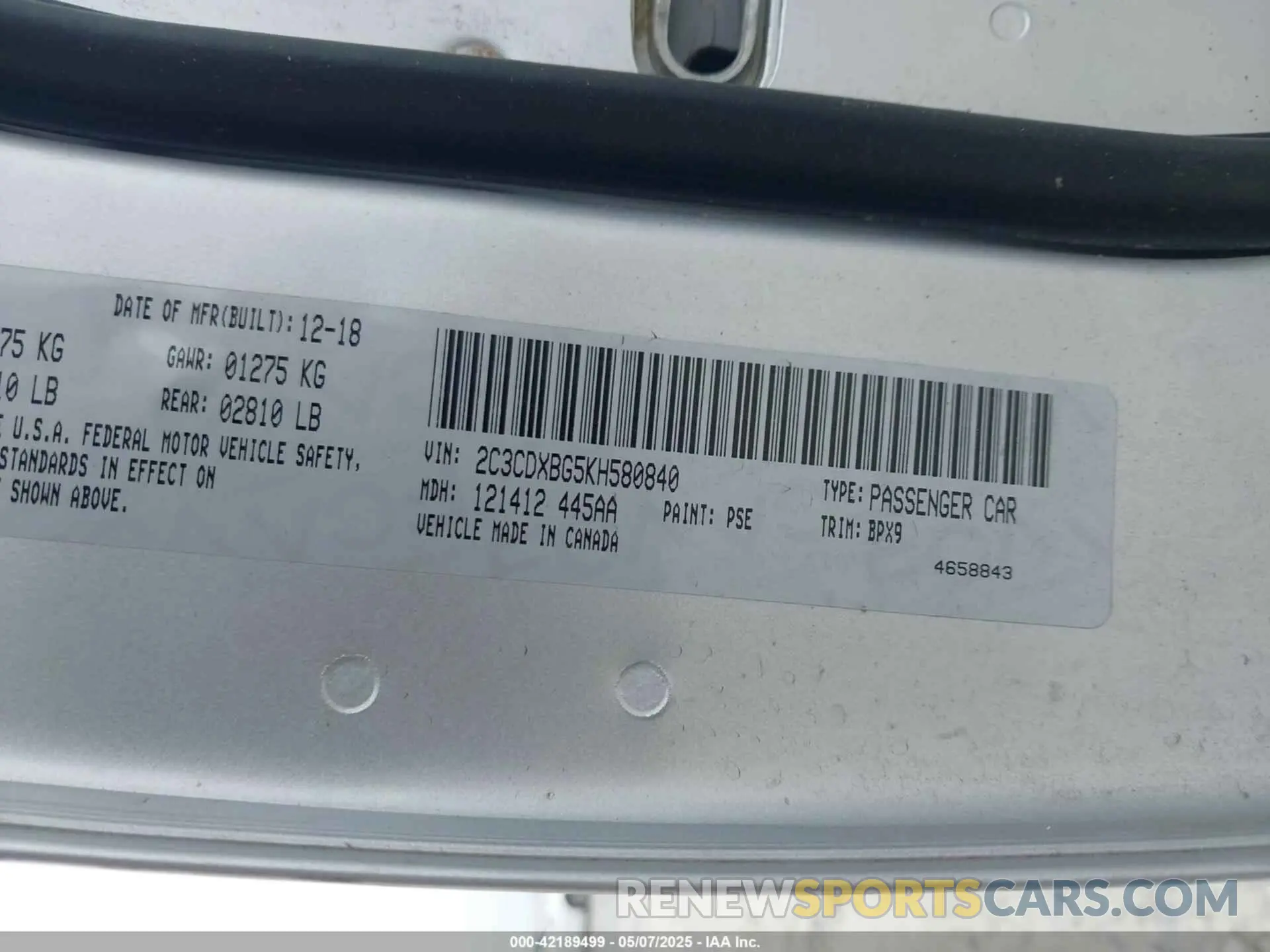 9 fotografías del automóvil dañado 2C3CDXBG5KH580840 DODGE CHARGER 2019